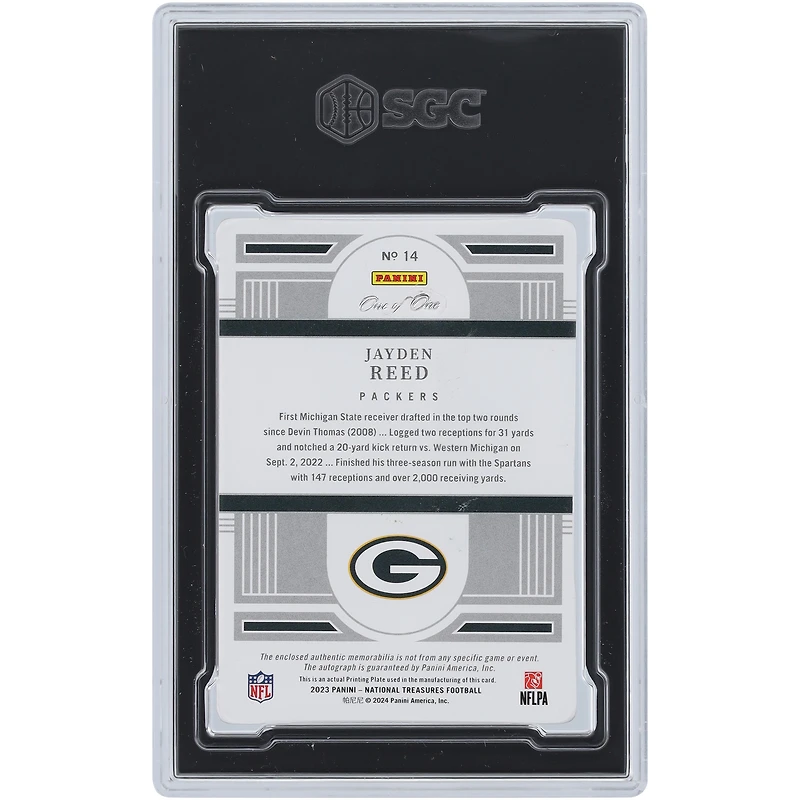 Jayden Reed Green Bay Packers Autographed 2023 Panini National Treasures Magenta Printing Plate NFL Shield RPA #14 #1/1 SGC Authenticated Auth/10 Rookie Card