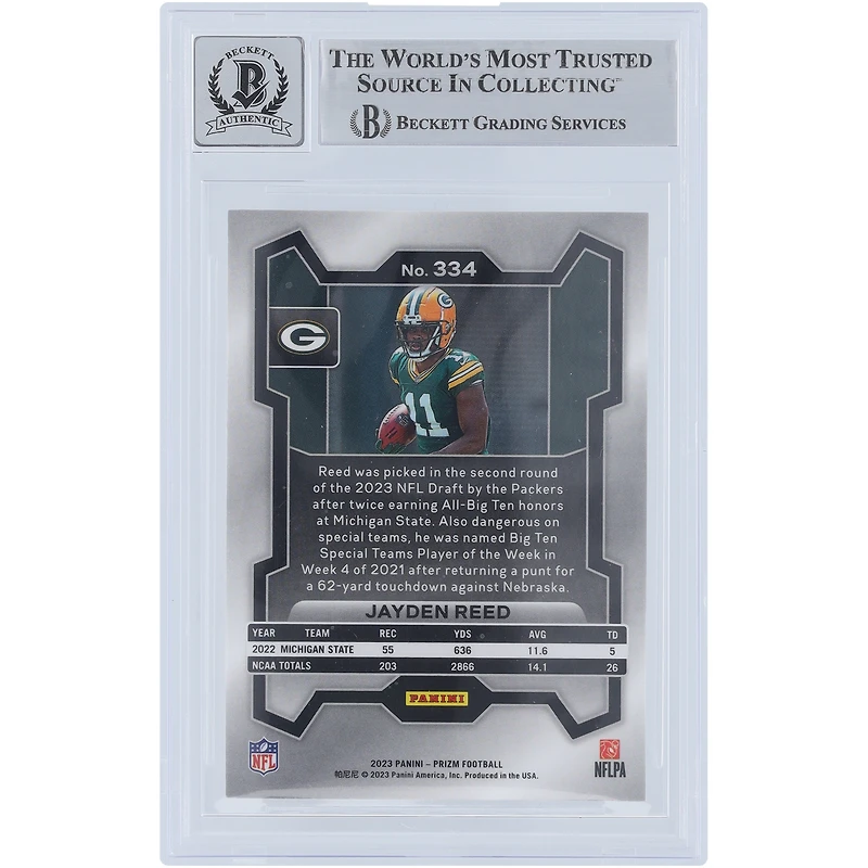 Jayden Reed Green Bay Packers Autographed 2023 Panini Prizm #334 Beckett Fanatics Witnessed Authenticated 10 Rookie Card