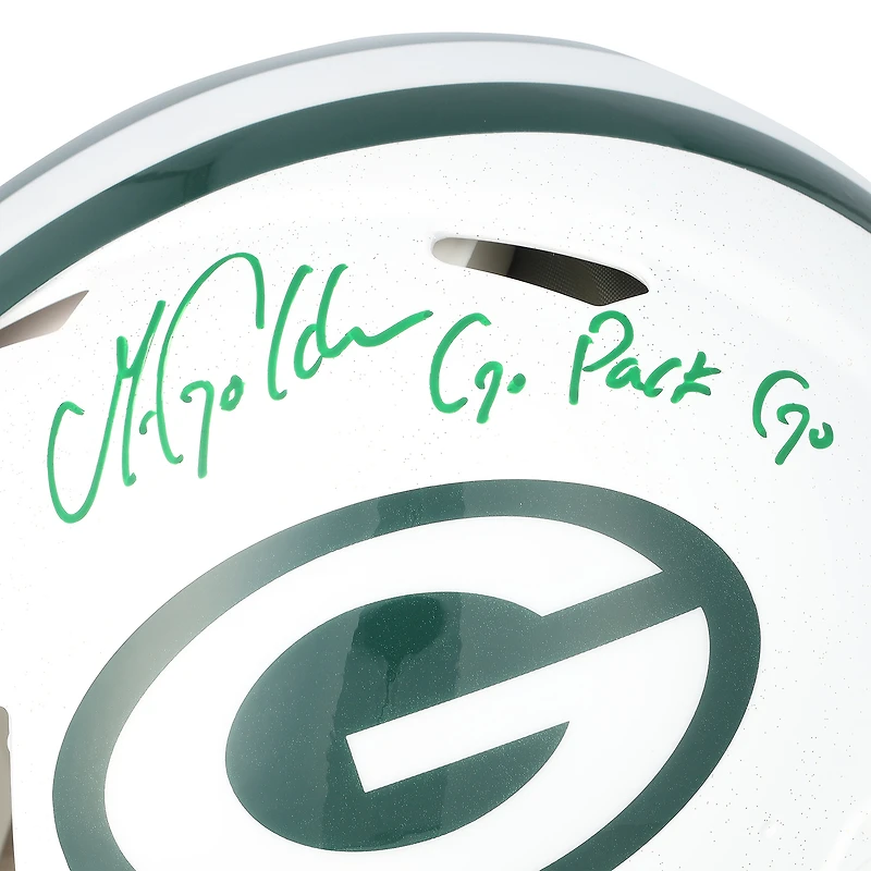 Casque Riddell Alternate Speed Authentic 2024 autographié par Matthew Golden des Green Bay Packers, avec inscription « Go Pack Go ».