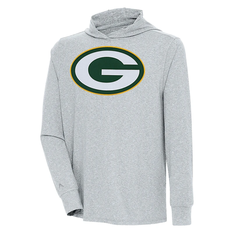 T-shirt à capuche manches longues Antigua Heather Grey pour homme, édition Saga des Green Bay Packers