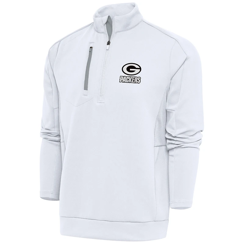 Pull à col rond et fermeture éclair quart de tour pour homme, logo métallique des Packers Green Bay, Antigua White