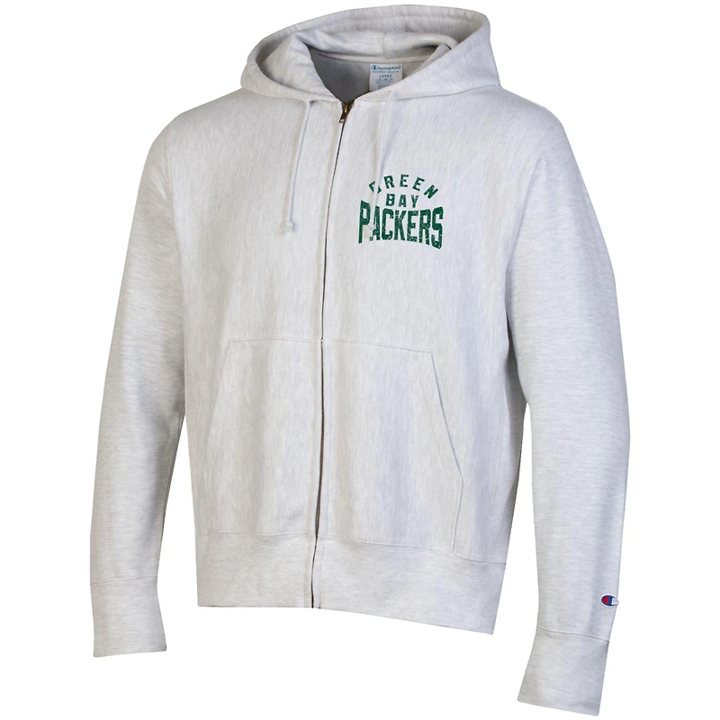 Men's Champion Heather Gray Green Bay Packers Reverse Weave Full-Zip Hoodie