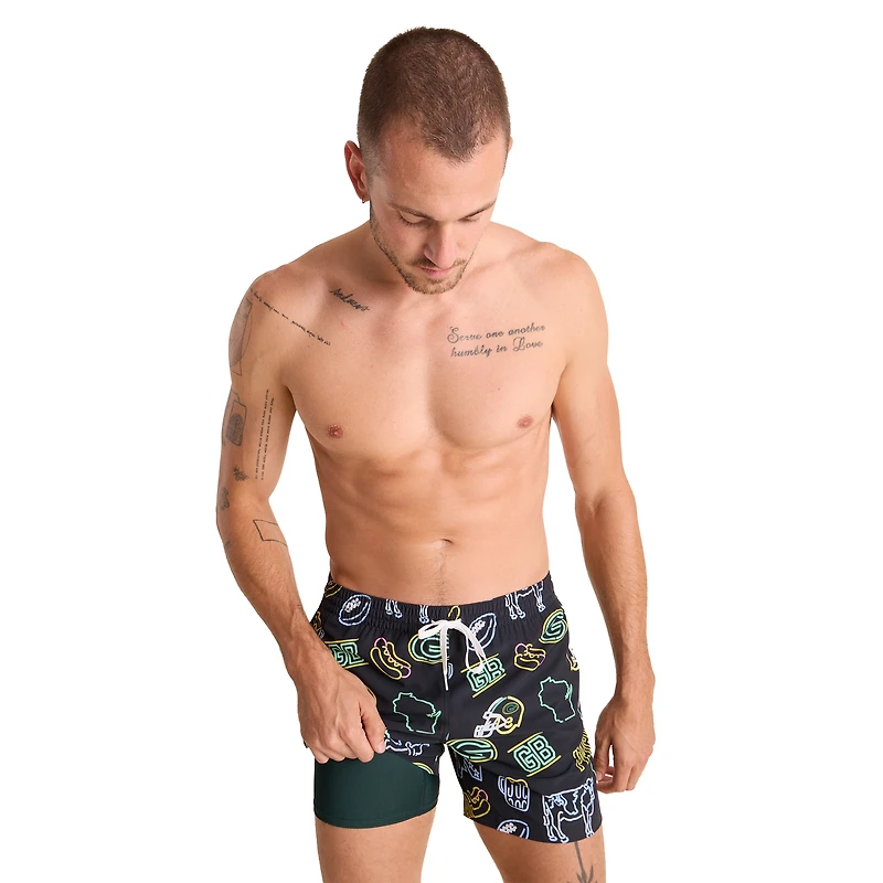 Maillot de bain classique doublé pour homme Chubbies, noir, des Packers Green Bay, The Neon, 5,5 pouces