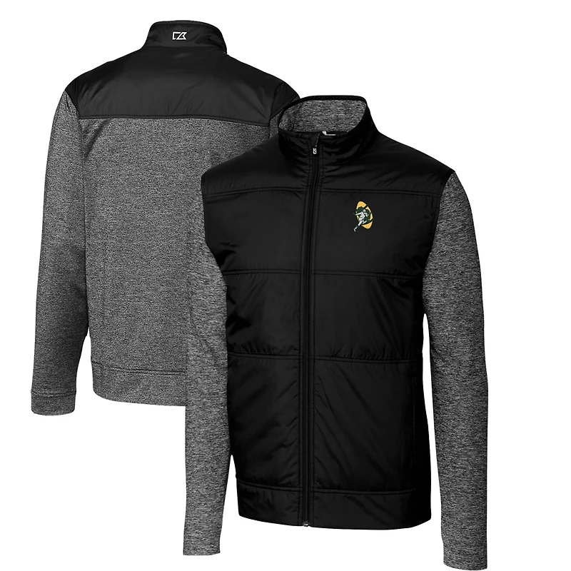 Men's Cutter & Buck Black Green Bay Packers Throwback Logo Big Tall Stealth Hybrid Quilted Full-Zip Windbreaker Jacket