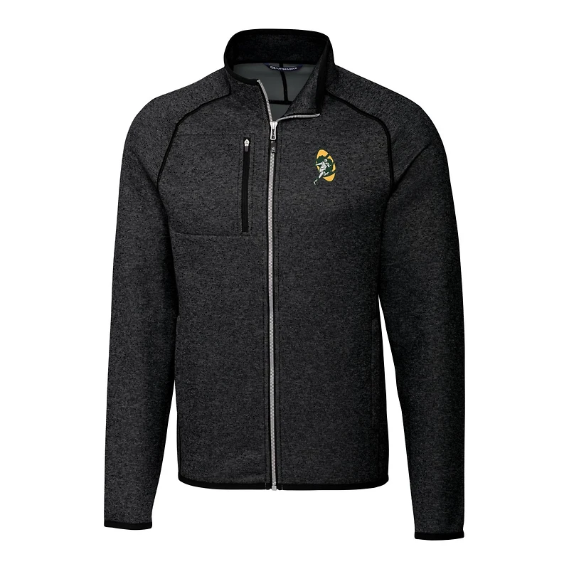 Men's Cutter & Buck Heather Charcoal Green Bay Packers Throwback Logo Mainsail Sweater-Knit Big Tall Full-Zip Pullover Jacket