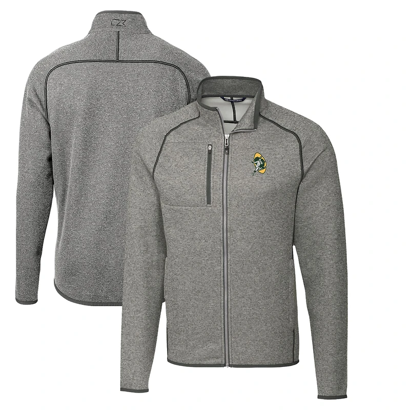 Men's Cutter & Buck Heather Gray Green Bay Packers Throwback Logo Mainsail Sweater-Knit Full-Zip Jacket