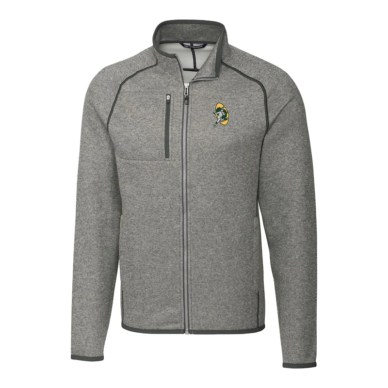 Men's Cutter & Buck Heather Gray Green Bay Packers Throwback Logo Mainsail Sweater-Knit Full-Zip Jacket