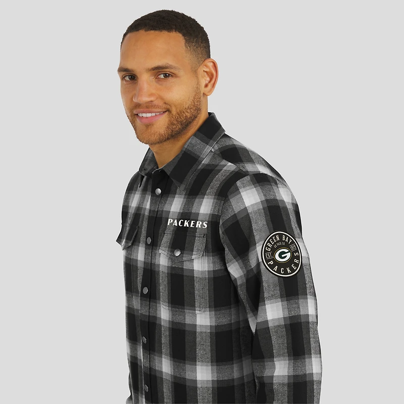Men's Darius Rucker Collection by Fanatics Black Green Bay Packers Flannel Plaid Full-Snap Shirt