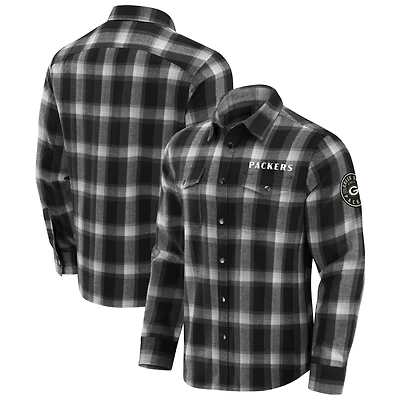 Men's Darius Rucker Collection by Fanatics Black Green Bay Packers Flannel Plaid Full-Snap Shirt