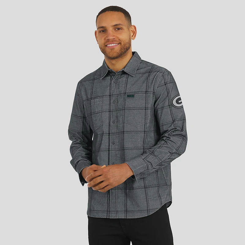 Men's Darius Rucker Collection by Fanatics Gray Green Bay Packers Micro Corduroy Plaid Button Up Shirt
