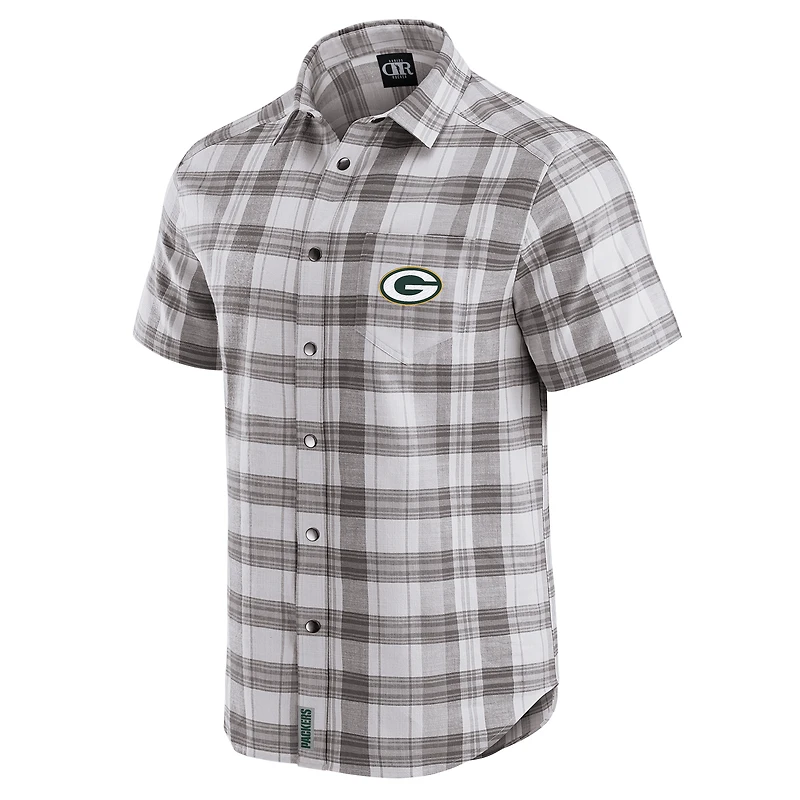 Men's Darius Rucker Collection by Fanatics Gray Green Bay Packers Team Plaid Short Sleeve Full-Snap Shirt