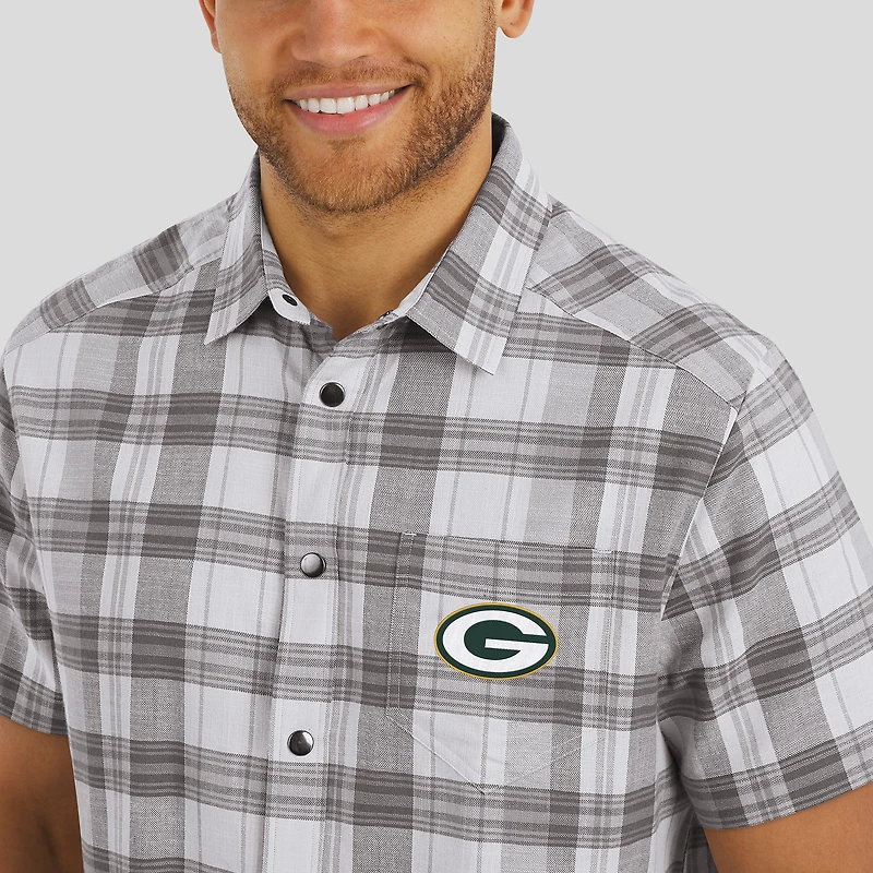 Men's Darius Rucker Collection by Fanatics Gray Green Bay Packers Team Plaid Short Sleeve Full-Snap Shirt