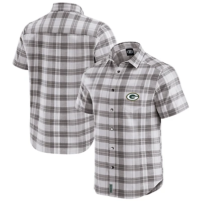Men's Darius Rucker Collection by Fanatics Gray Green Bay Packers Team Plaid Short Sleeve Full-Snap Shirt
