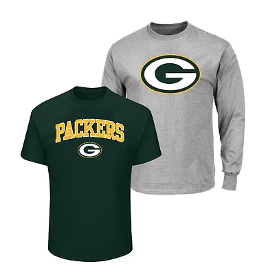 Lot de 2 t-shirts Fanatics pour hommes, vert foncé/gris chiné, taille grande et grande, des Green Bay Packers