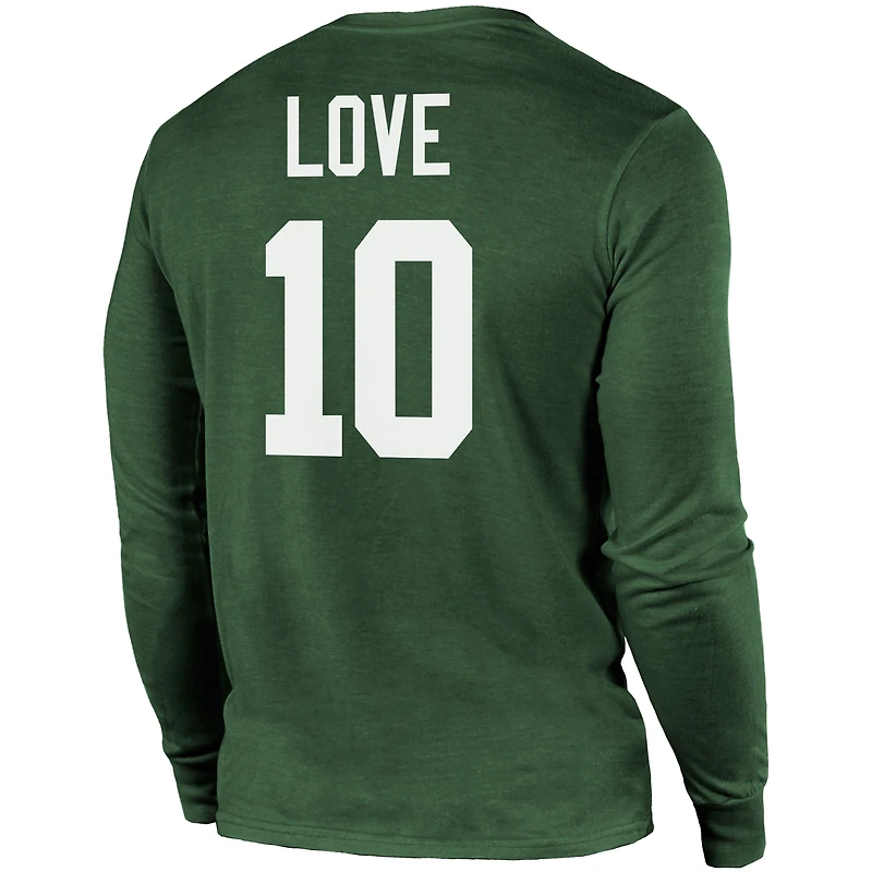 Majestic Threads Jordan Love Green Bay Packers Nom et numéro T-shirt tri-mélange à manches longues pour hommes