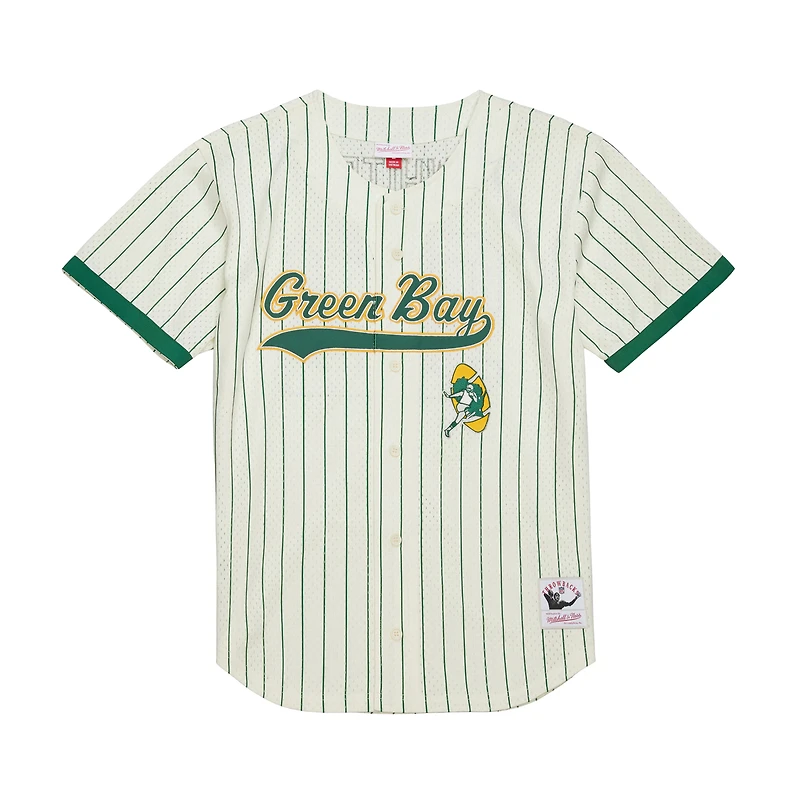 Maillot de baseball Mitchell & Ness Reggie blanc crème Green Bay Packers pour homme, en maille, à boutons, avec nom et numéro.