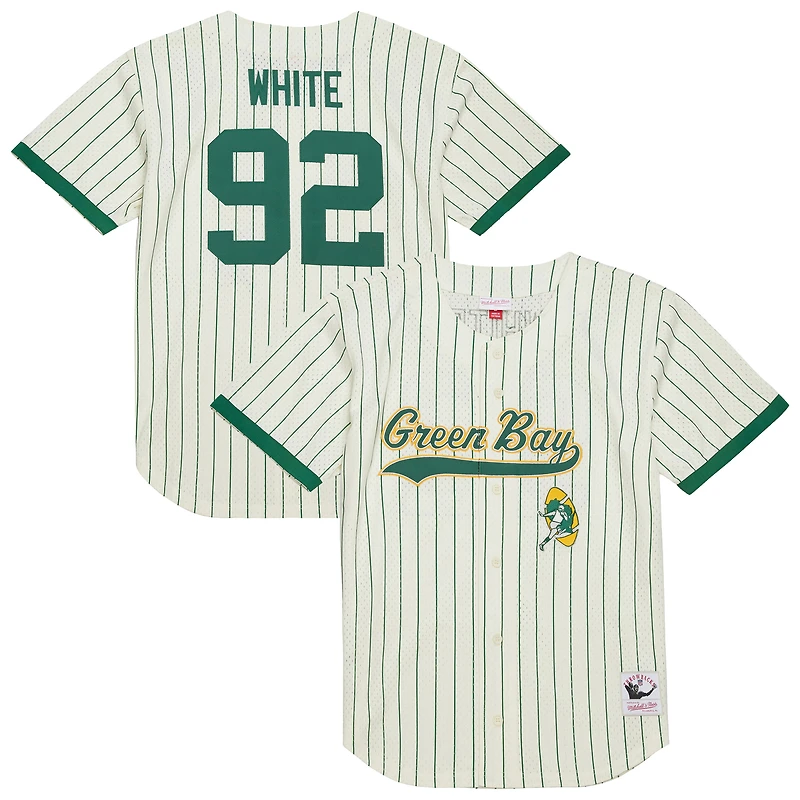 Maillot de baseball Mitchell & Ness Reggie blanc crème Green Bay Packers pour homme, en maille, à boutons, avec nom et numéro.