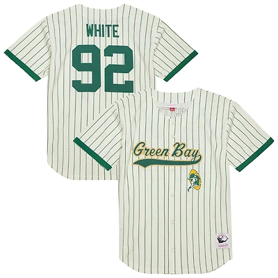 Maillot de baseball Mitchell & Ness Reggie blanc crème Green Bay Packers pour homme, en maille, à boutons, avec nom et numéro.