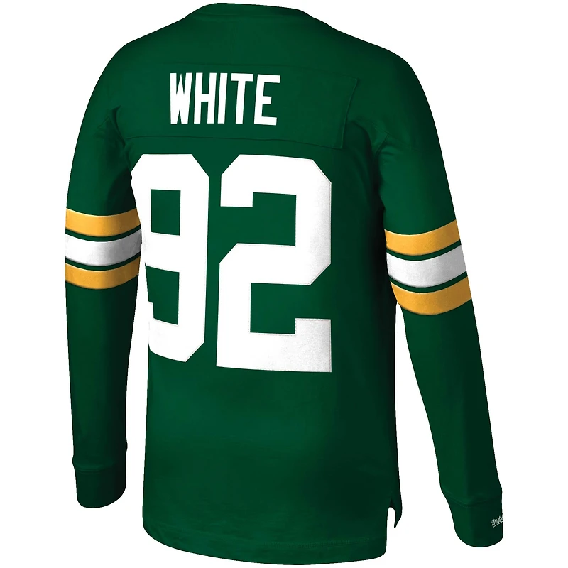 Haut à manches longues pour homme Mitchell & Ness Reggie Blanc Vert Green Bay Packers Throwback Nom et numéro du joueur la retraite