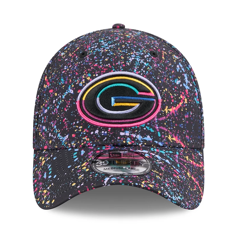 Casquette New Era 39THIRTY Flex noire pour homme, édition 2025 NFL Crucial Catch des Green Bay Packers