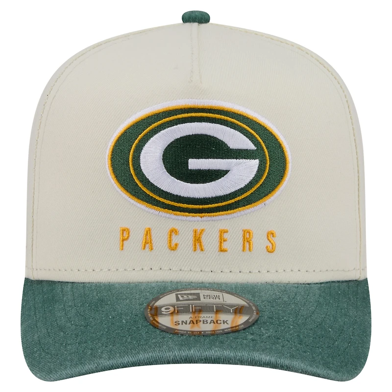 Men's New Era Cream/Green Green Bay Packers Washed A-Frame 9FIFTY Snapback Hat