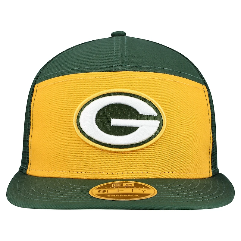 Casquette snapback 9FIFTY extérieure à panneau fendu New Era pour homme, couleur or/vert, des Green Bay Packers