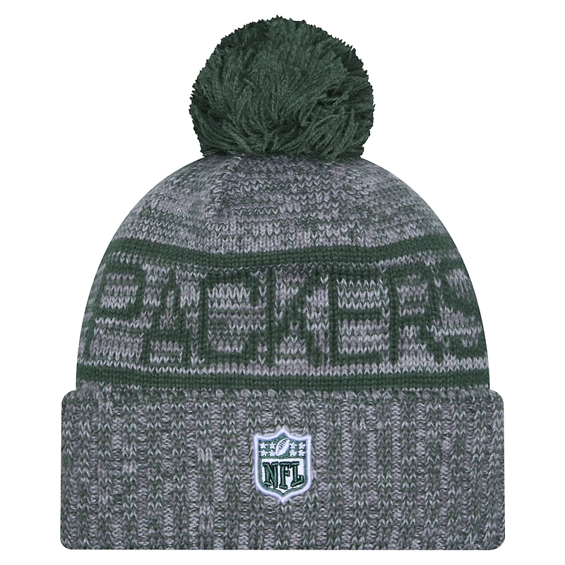 Men's New Era Gray Green Bay Packers 2025 Sideline Cuffed Knit Hat with Pom