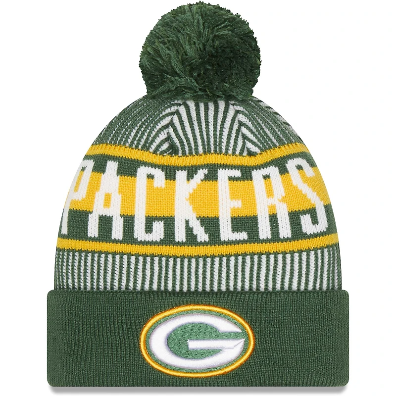 Bonnet en tricot rayé à revers et pompon New Era pour hommes, vert Green Bay Packers