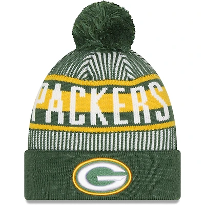 Bonnet en tricot rayé à revers et pompon New Era pour hommes, vert Green Bay Packers