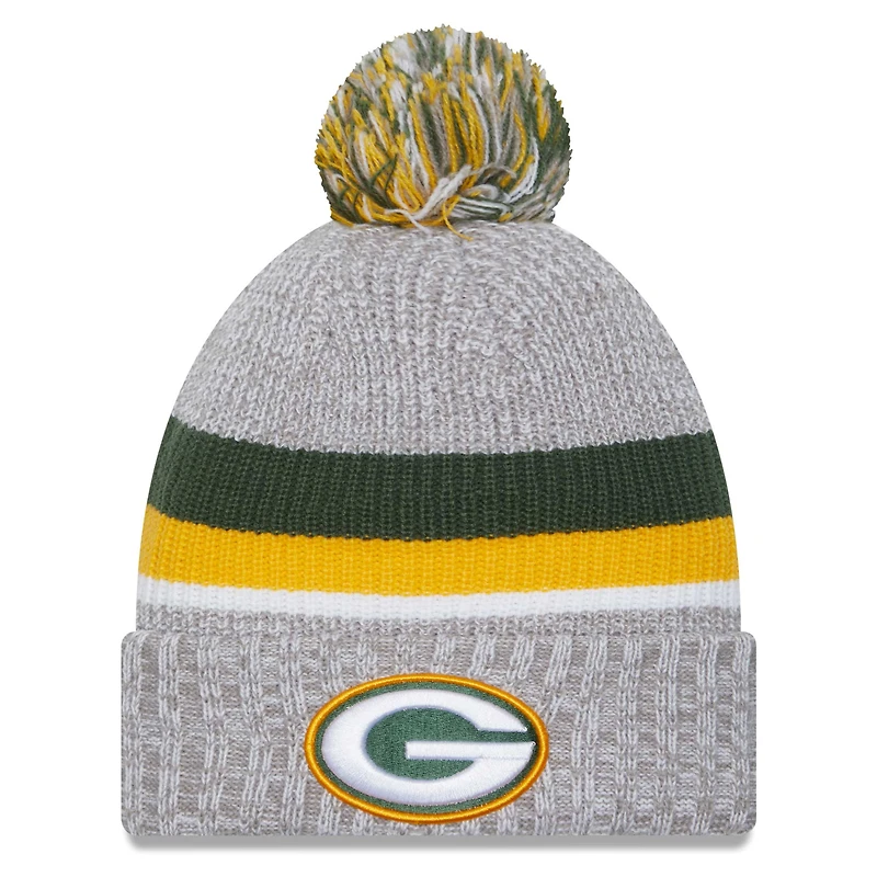 Bonnet à revers New Era Green Bay Packers gris chiné pour homme avec pompon