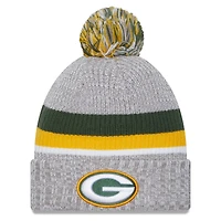 Bonnet à revers New Era Green Bay Packers gris chiné pour homme avec pompon