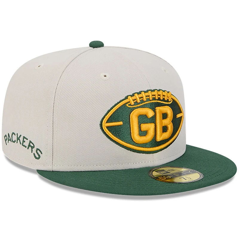 Casquette ajustée 59FIFTY historique New Era Stone/Green Green Bay Packers 2024 Sideline pour hommes