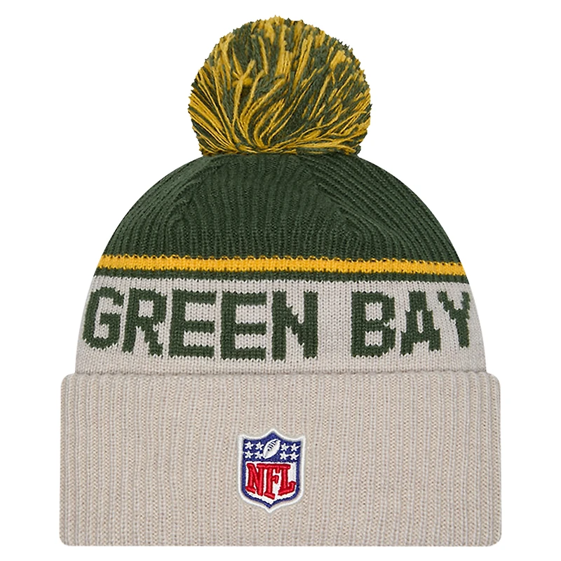 Men's New Era Stone Green Bay Packers Sideline Historic Cuffed Knit Hat with Pom