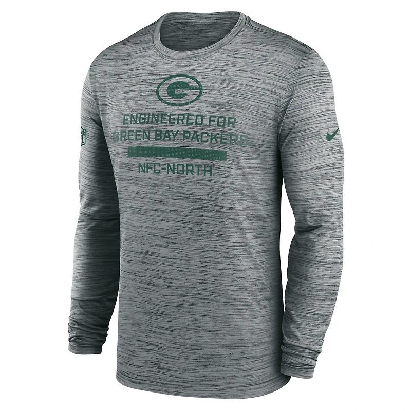 T-shirt Nike gris à manches longues Sideline Velocity Performance des Green Bay Packers pour homme