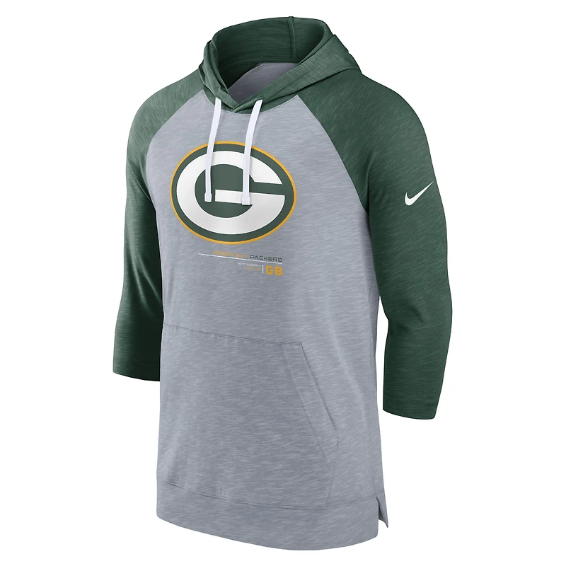 Men's Nike Heather Gray/Heather Green Bay Packers Raglan 3/4-Sleeve Pullover Hoodie
