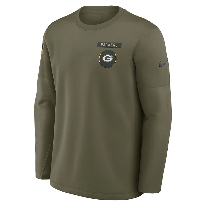 Men's Nike Olive Green Bay Packers 2025 Salute to Service Sideline Coaches Therma-FIT Long Sleeve Shirt