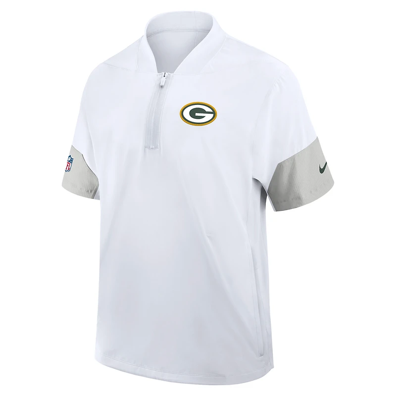 Veste d'entraîneur Nike Green Bay Packers Sideline blanche pour homme, manches courtes, fermeture éclair au quart, technologie Dri-FIT