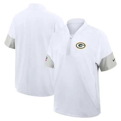 Veste d'entraîneur Nike Green Bay Packers Sideline blanche pour homme, manches courtes, fermeture éclair au quart, technologie Dri-FIT