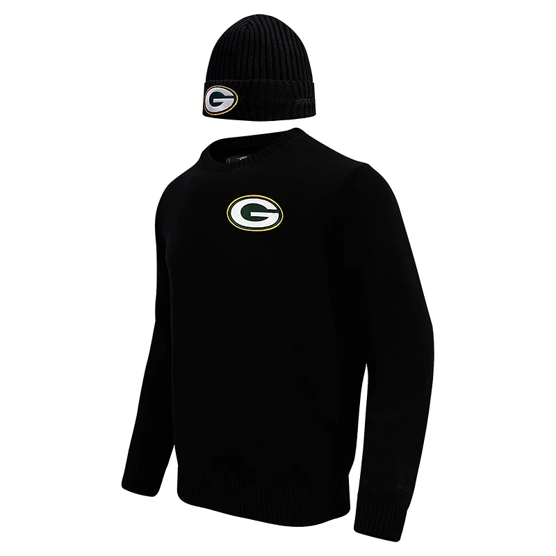 Men's Pro Standard Black Green Bay Packers Crewneck Pullover Sweater & Cuffed Knit Hat Box Gift Set