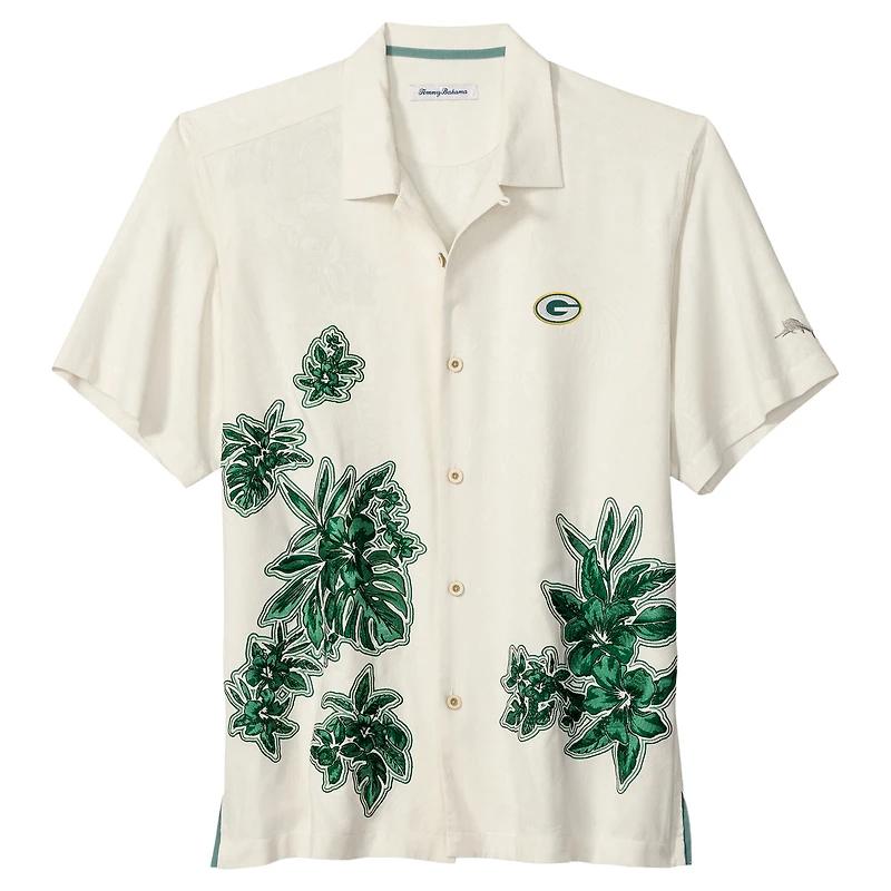 Men's Tommy Bahama  Cream Green Bay Packers Hibiscus Camp Button-Up Shirt