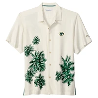 Men's Tommy Bahama  Cream Green Bay Packers Hibiscus Camp Button-Up Shirt