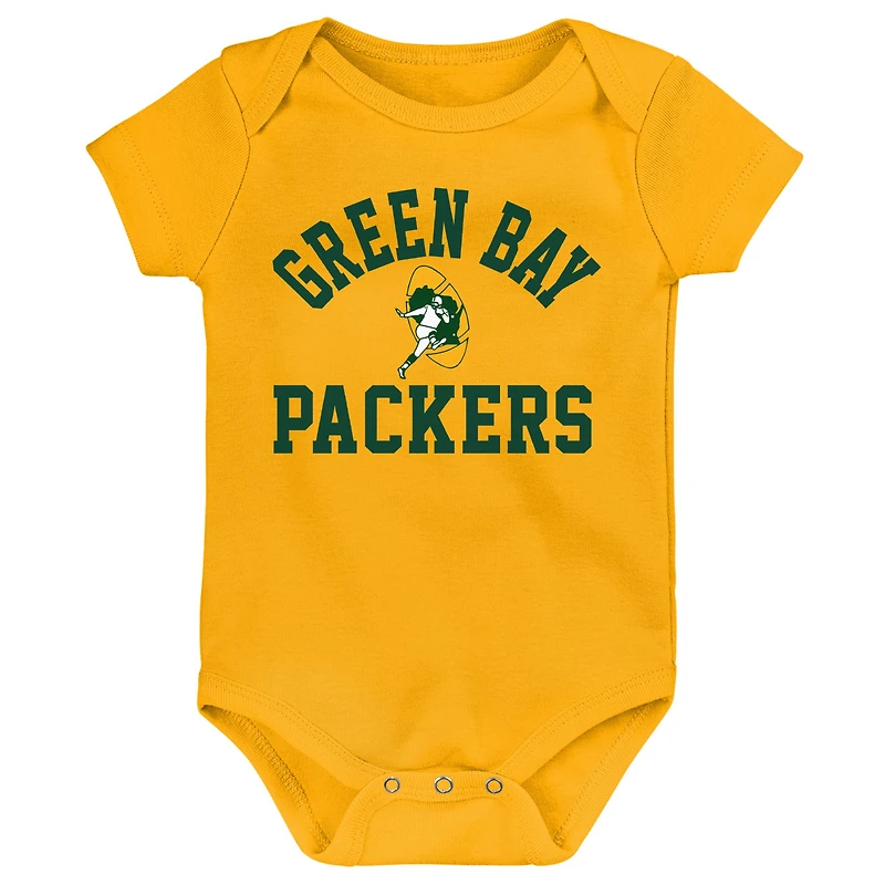 Newborn & Infant Green/Gold/Heather Gray Green Bay Packers Three-Pack Eat, Sleep Drool Retro Bodysuit Set