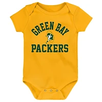 Newborn & Infant Green/Gold/Heather Gray Green Bay Packers Three-Pack Eat, Sleep Drool Retro Bodysuit Set