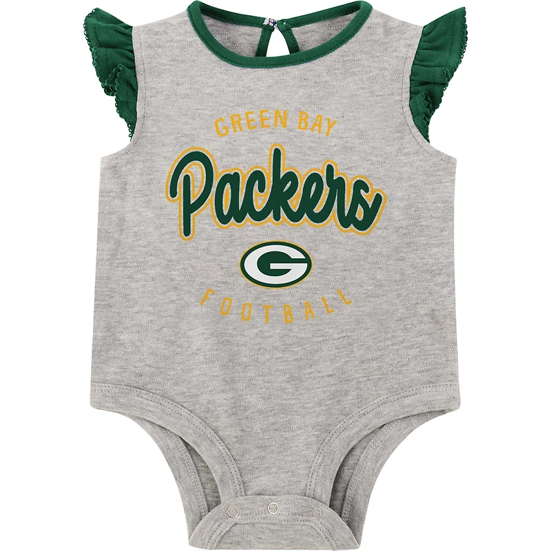 Newborn Heather Gray/Green Green Bay Packers All Dolled Up Three-Piece Bodysuit, Skirt & Booties Set