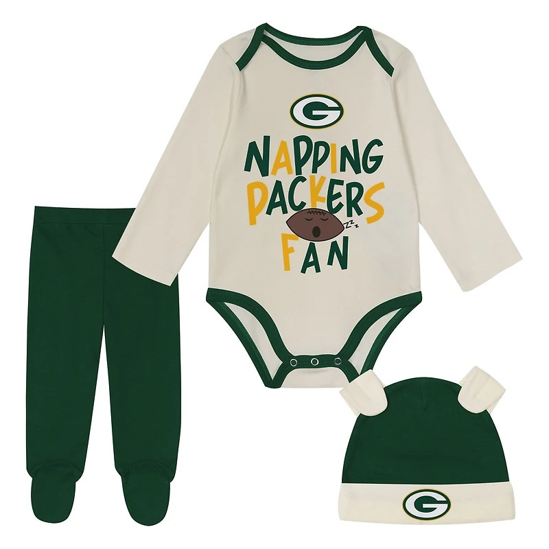 Newborn Outerstuff Green Bay Packers Little Champ Three-Piece Long Sleeve Bodysuit, Pants and Cuffed Hat Set