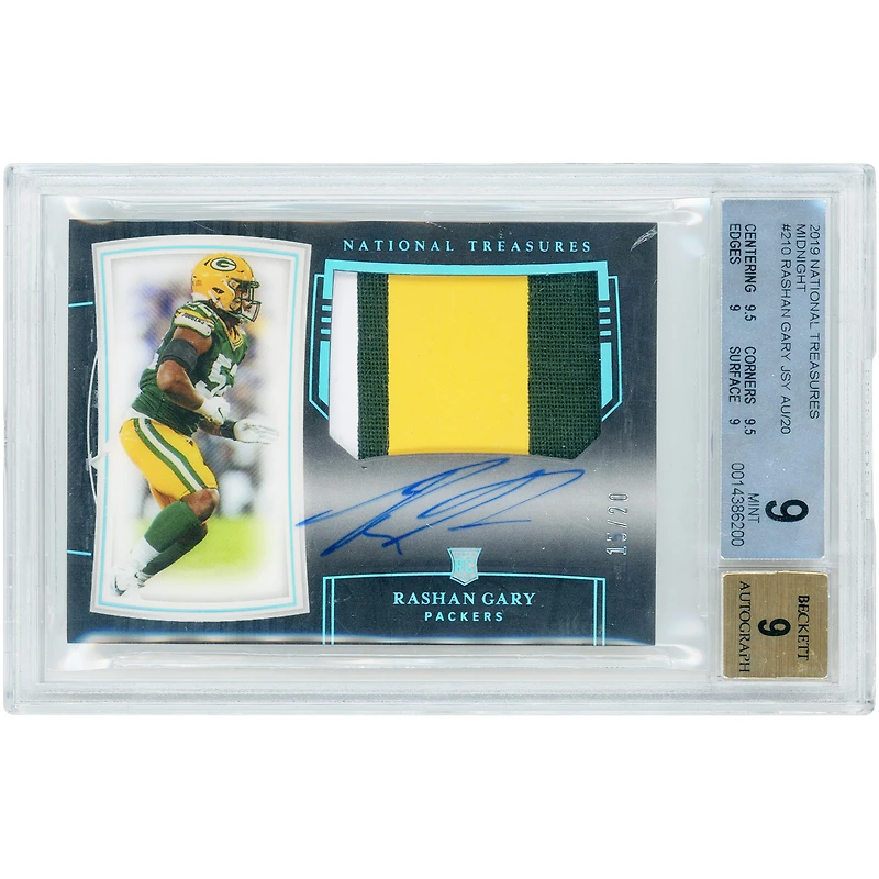 Carte de recrue autographiée de Rashan Gary (Green Bay Packers), Panini National Treasures Midnight 2019, n° 210, n° 15/20, authentifiée BGS 9/9 - Sous-notes : 9,5, 9,5, 9, 9