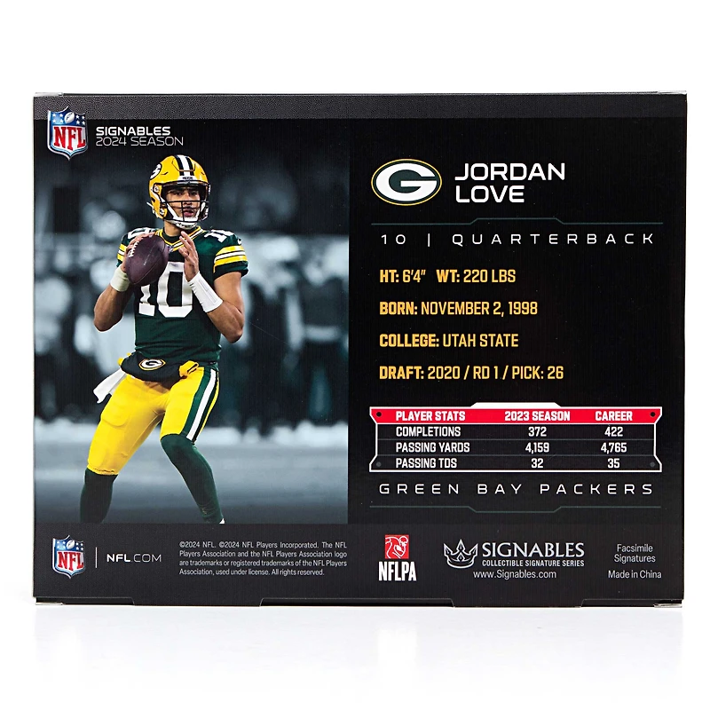 Signables Jordan Love Green Bay Packers NFL 2024 Objet de collection