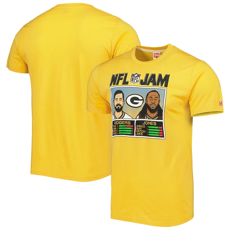 Unisex Homage Aaron Rodgers & Jones Heather Gold Green Bay Packers NFL Jam Tri-Blend T-Shirt