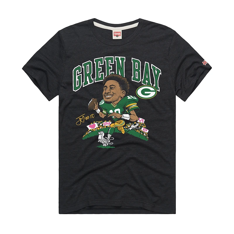 T-shirt unisexe hommage Jordan Love Charcoal Green Bay Packers Caricature Player Graphic Tri-Blend