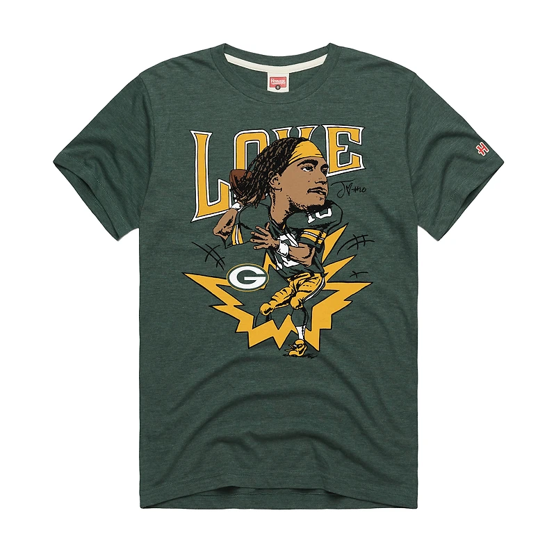 Unisex Homage Jordan Love Green Bay Packers Caricature Player Graphic Tri-Blend T-Shirt